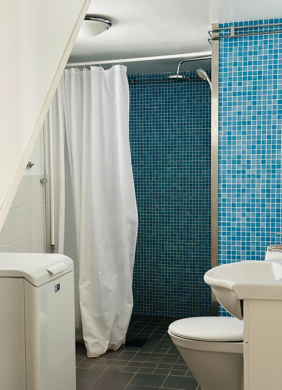 Un baño con ducha, inodoro blanco y paredes con azulejos azules.