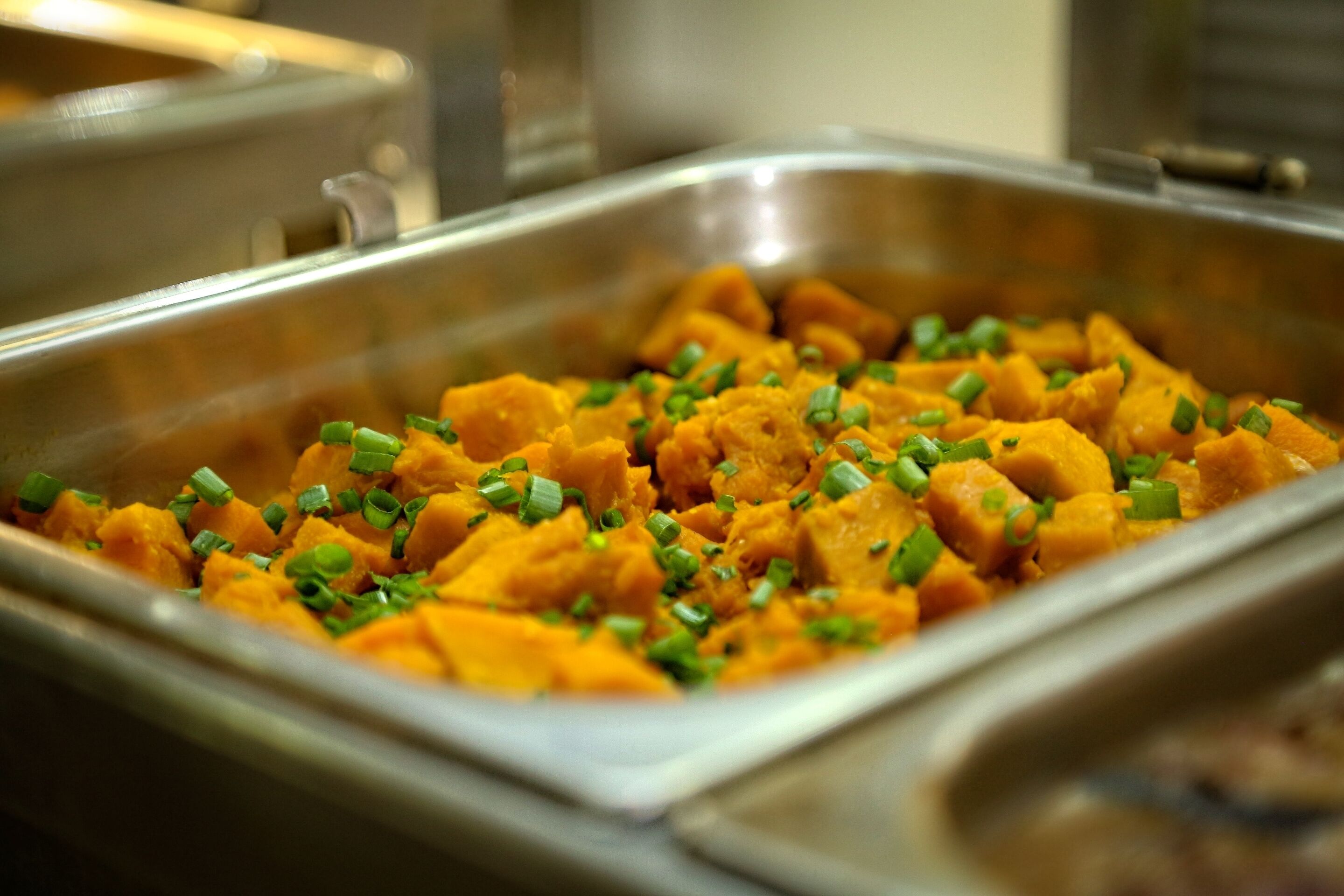 A buffet with a variety of dishes, including a section with cubed food garnished with green onions.