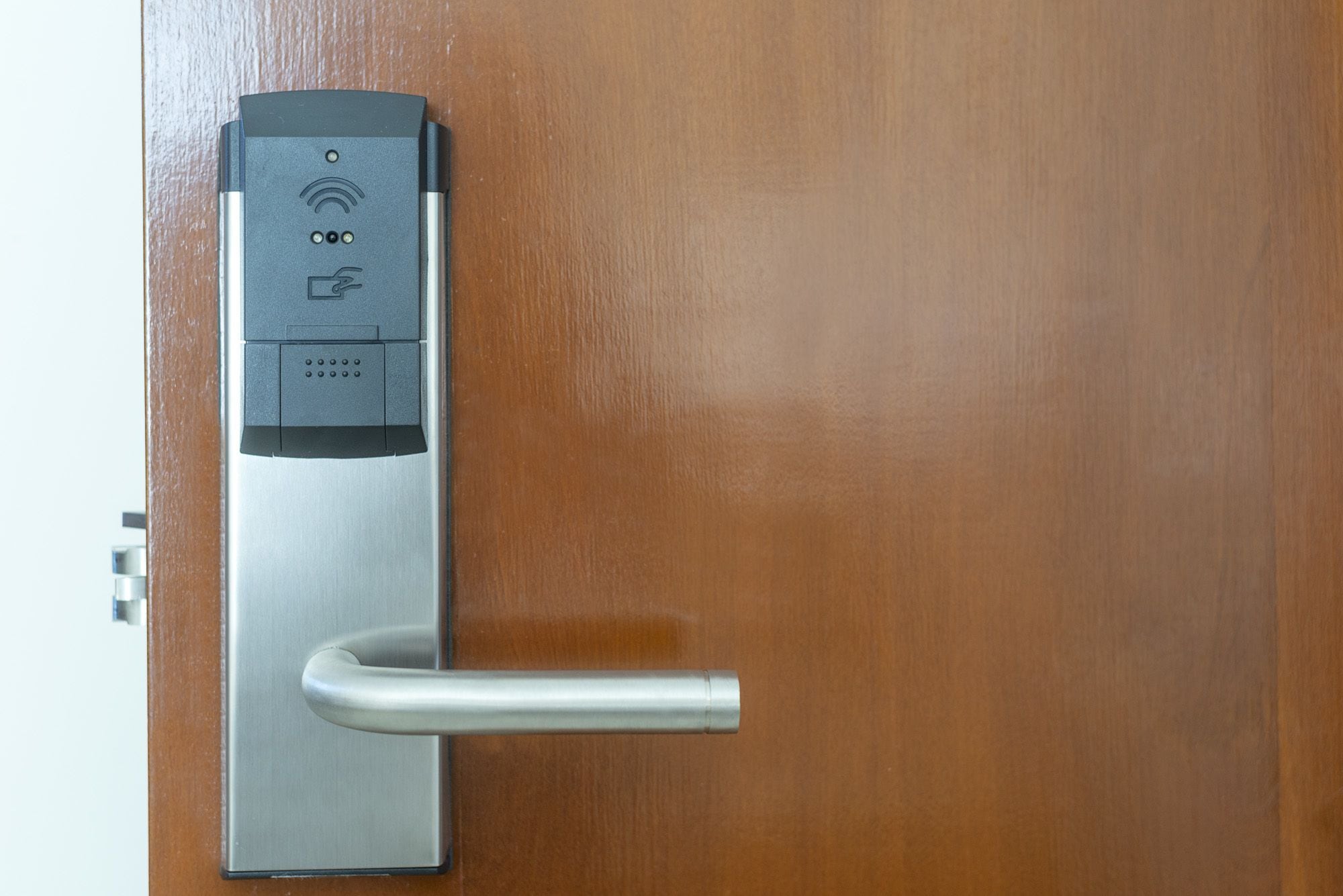 A modern door with a keyless entry system, a metallic handle, and a small control panel with a fingerprint scanner and a button.