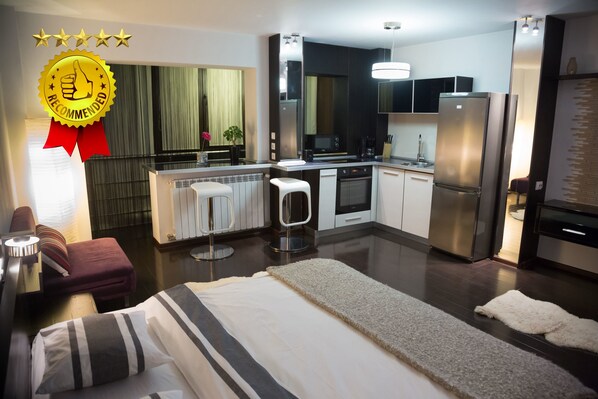 Studio Luxe, 1 grand lit, vue ville | Vue de la chambre