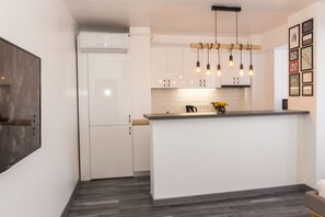 Estudi de luxe, 1 llit doble, vistes a la ciutat | Cuina privada | Frigorífic, microones, placa de cuina i cafetera i tetera