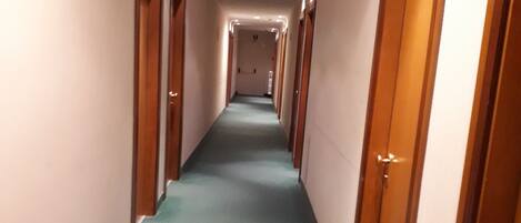 Un pasillo largo y estrecho con puertas de madera a ambos lados y una alfombra verde.