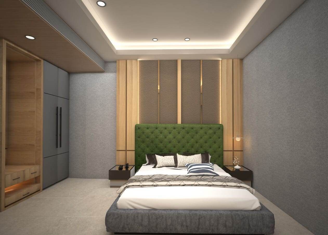 A modern bedroom with a large bed, wooden wardrobe, and a unique wall panel design.