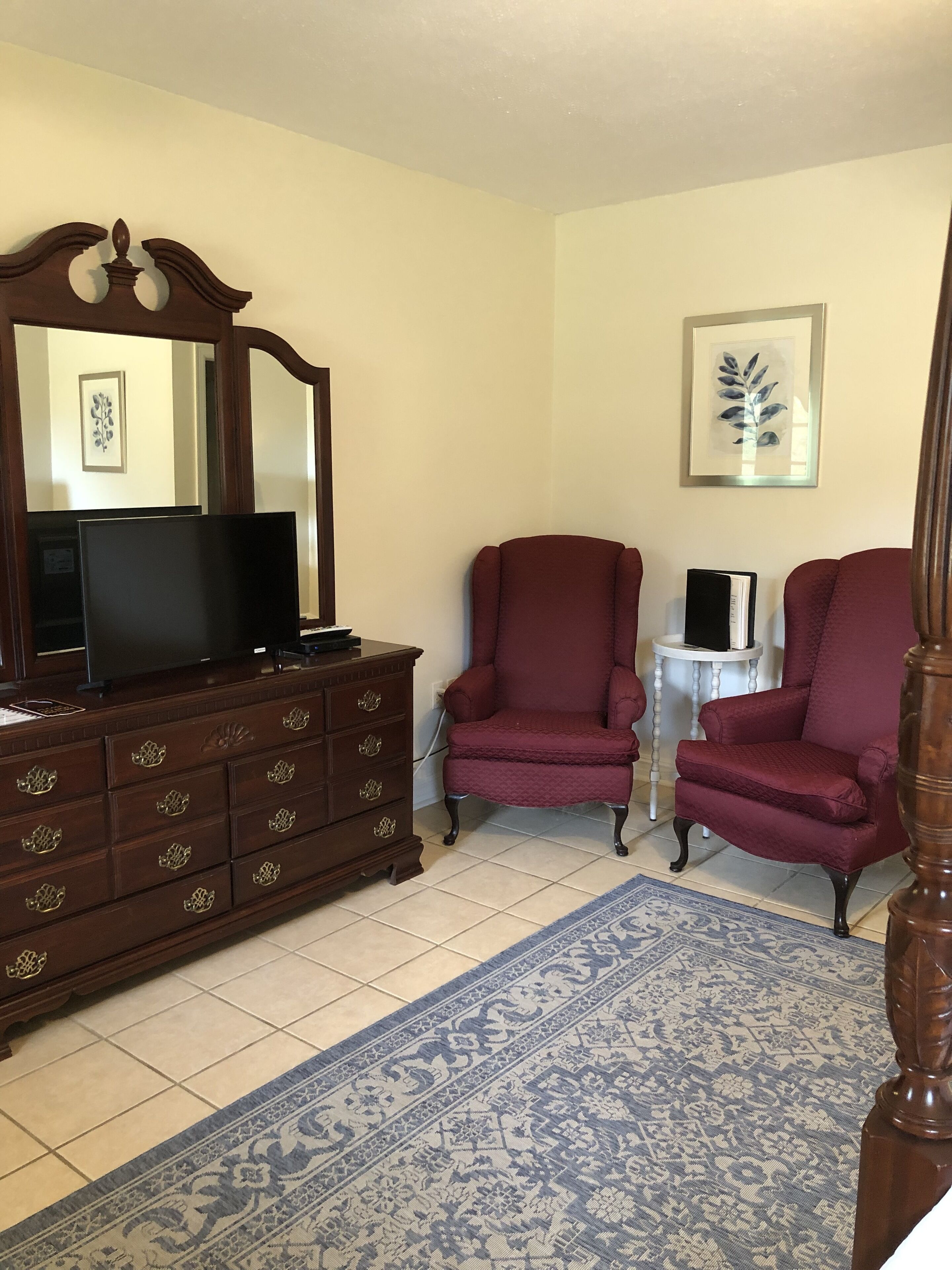 A living room with a wooden dresser, two red armchairs, a blue patterned rug, a television on the dresser, and a framed plant on the wall.