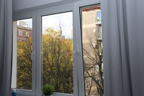 Enjoy a serene view of the surrounding landscape from the comfort of your room, with a window that opens to a picturesque scene of a tree and a distant building.