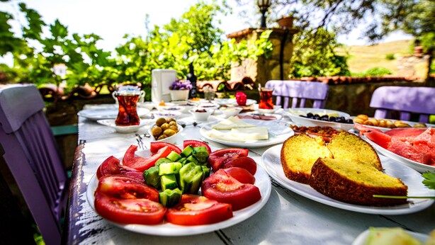 Taula a l'aire lliure plena d'aliments diversos, com ara tomàquets tallats, pepinos i una barra de pa.