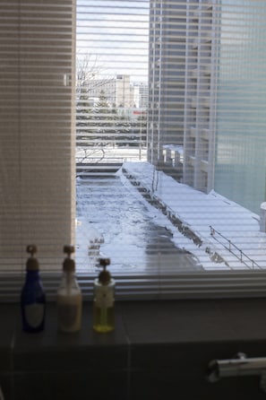 Guests can enjoy a serene view of the snow-covered landscape from the comfort of their room.