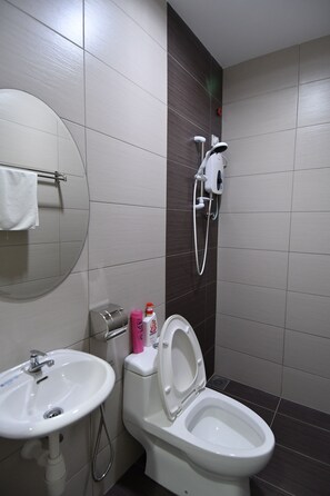 Deluxe Double Room, 1 King Bed | Bathroom | Shower, hydromassage showerhead, free toiletries, hair dryer