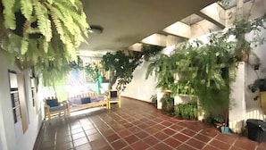 Un espacio interior amplio con suelo de baldosas, un banco de madera y diversas plantas en macetas.