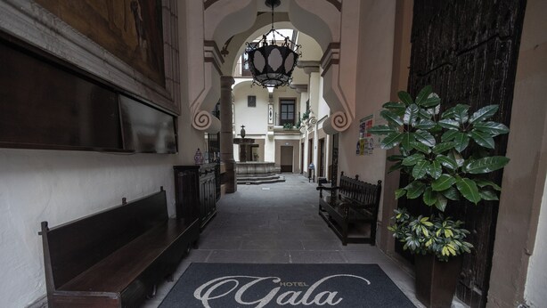 Un vestíbulo de hotel con un banco, un felpudo con el nombre del hotel y una planta grande.