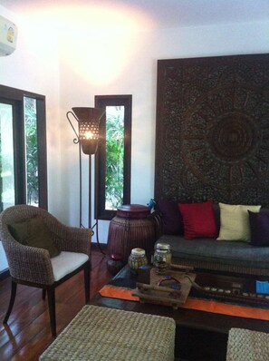 4 Bedroom Pool Villa | Living room | 32-inch LCD TV with cable channels, TV, fireplace - Phuchaofa Pool Villa (Rawai)