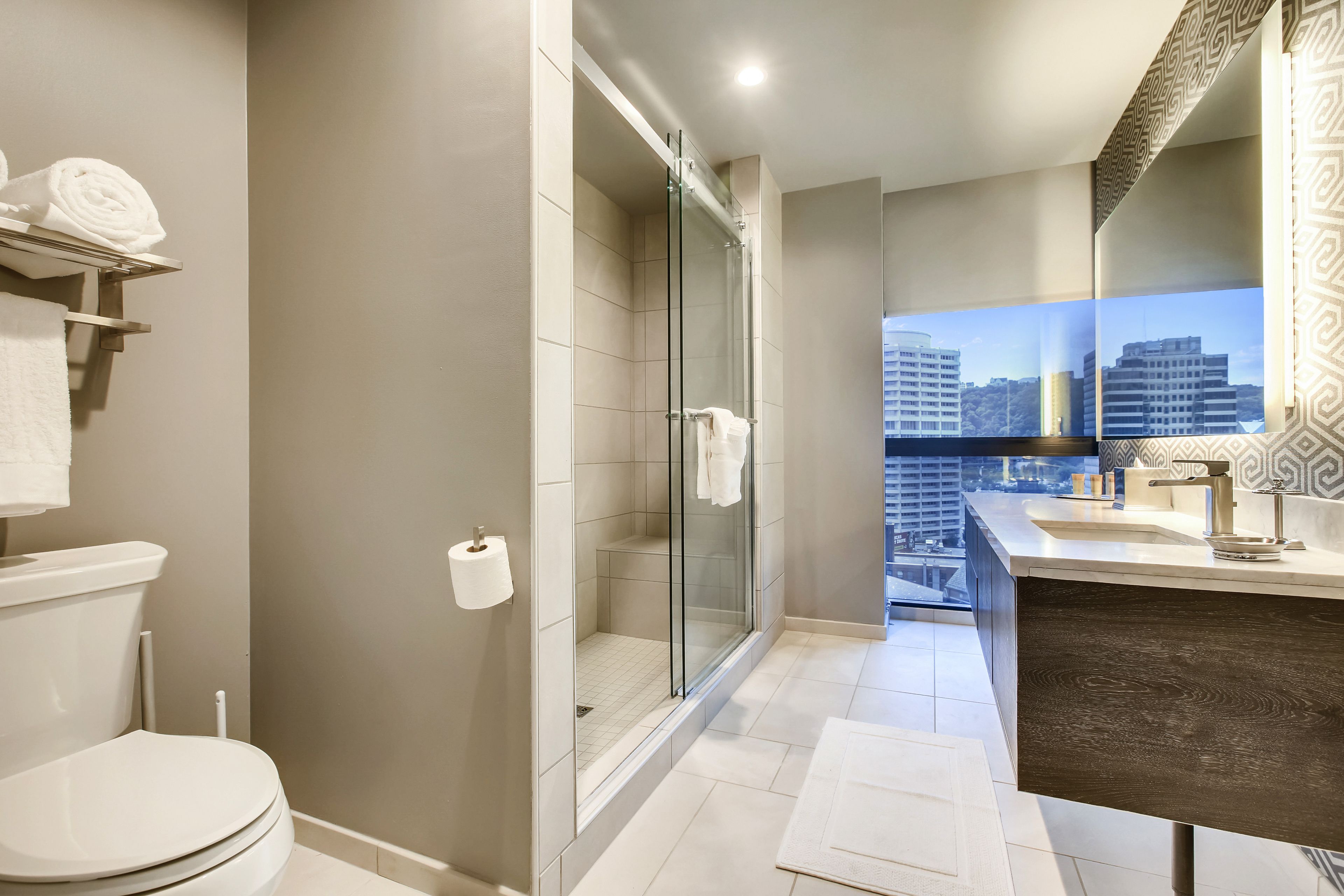 shower, free toiletries, hair dryer, towels