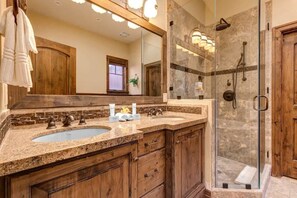 Shower, hair dryer, shampoo