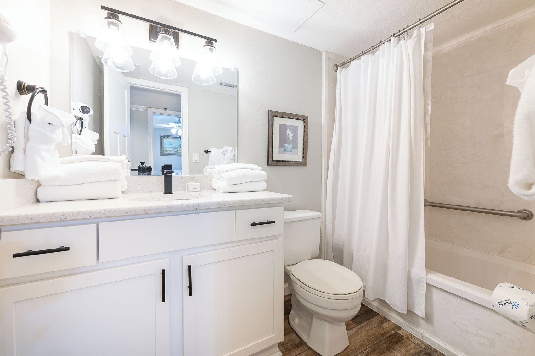 Une salle de bain avec un meuble-lavabo blanc, des toilettes, une douche avec une porte en verre et un tableau encadré au mur.