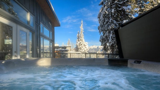 Ett bubbelbad med utsikt över snötäckta träd och berg.