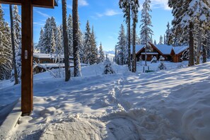 Een besneeuwde lodge met een houten gevel, omringd door hoge altijdgroene bomen.