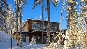En modern tvåvåningsstuga omgiven av snötäckta träd.