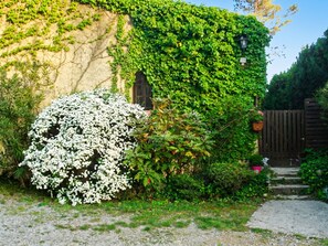 A house with ivy-covered walls, a white flowering bush, and a wooden fence. - Homerez - Provencal Villa with Pool in Barbentane (Barbentane)