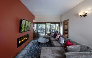 Televisión, chimenea y reproductor de DVD 