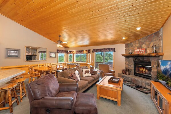 TV, fireplace, table football