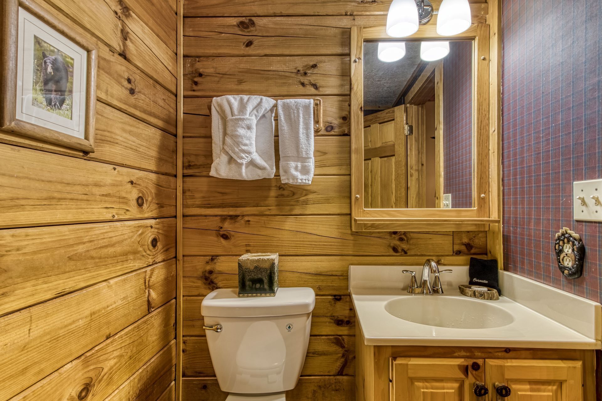 Baño de cabaña de madera con inodoro, lavabo y espejo.