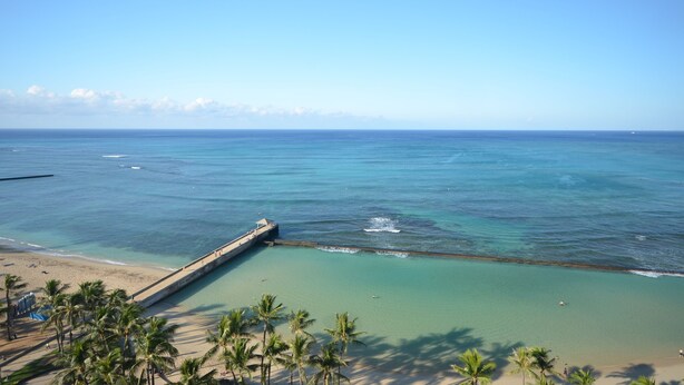 Une plage côtière aux eaux turquoise et limpides, avec une jetée et des palmiers.