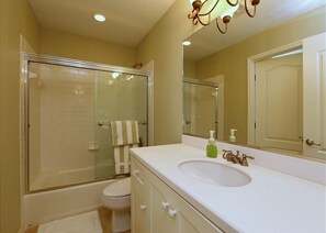 Combined shower/bathtub, hair dryer, towels
