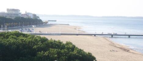 A beach with a pier extending into the water, surrounded by greenery.