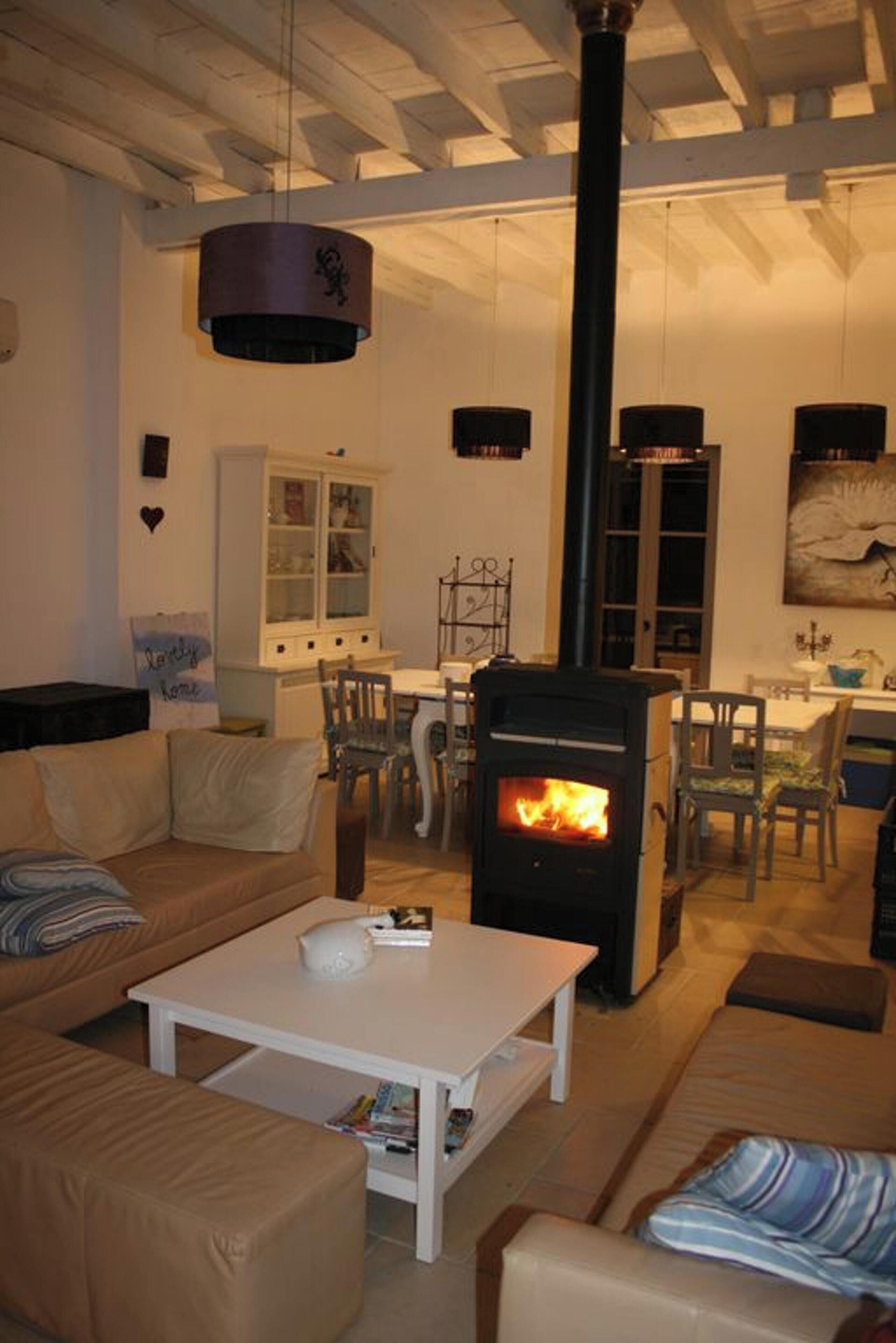 Télévision, cheminée, lecteur de DVD, chaîne hi-fi