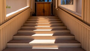 A staircase with wooden steps and white railings leading to a wooden door with glass panels. - CHER06 - Great for Groups, A/C, Hot Tub (Sunriver)