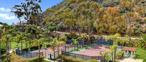 A tennis court surrounded by lush greenery and a mountainous backdrop.