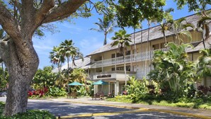 Un hôtel doté d’un balcon, de palmiers et d’une enseigne indiquant : «  Blanchard, sur la plage ».