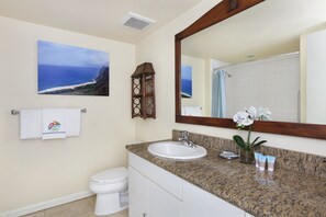 Combined shower/bathtub, hair dryer, towels