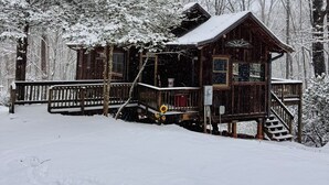 A wooden cabin with a porch, surrounded by snow-covered trees. - Peace-in-the-Forest Retreat - Singles, Couples, Artists, Forest Lovers (Pickens)