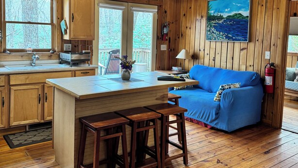 A wooden cabin interior with a kitchen, dining area, and a living room with a blue sofa. - Peace-in-the-Forest Retreat - Singles, Couples, Artists, Forest Lovers (Pickens)