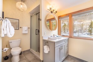 Combined shower/bathtub, hair dryer, towels