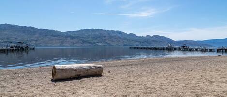 A sandy beach with a log in the foreground, a calm lake, and mountains in the background.