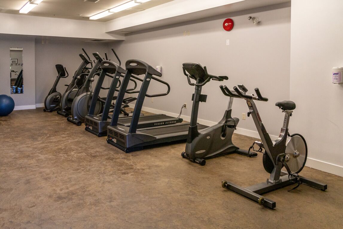 Een sportschool met diverse loopbanden, hometrainers en een roeimachine.