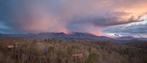 A mountainous landscape with a forested foreground and a clear sky.