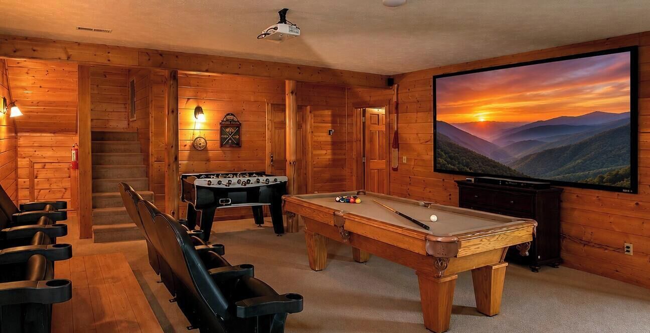 Interior de madera con mesa de billar, mesa de fútbol de mesa y un televisor mostrando una vista panorámica.