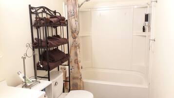 Combined shower/bathtub, eco-friendly toiletries, hair dryer, towels