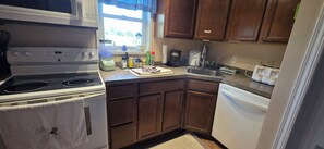 A compact kitchen with a stove, microwave, and dishwasher. - Peace on the Prairie — Quiet Nature Retreat on 23 Acres (Murrayville)