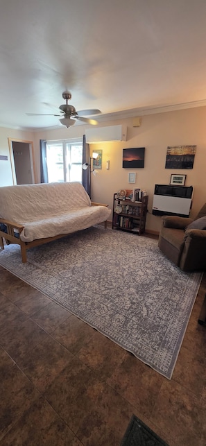 A bedroom with a bed, a ceiling fan, a rug, a bookshelf, and a wall-mounted heater. - Peace on the Prairie — Quiet Nature Retreat on 23 Acres (Murrayville)