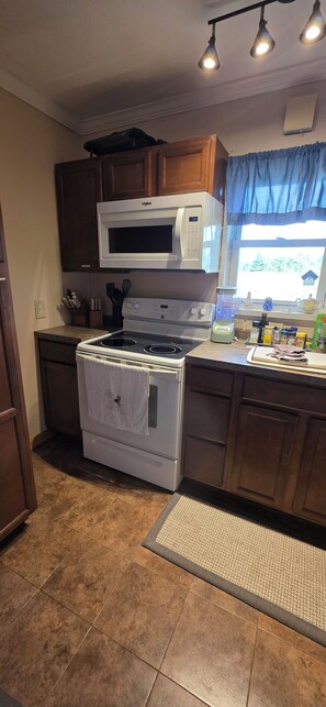 A kitchen with a stove, microwave, and cabinets. - Peace on the Prairie — Quiet Nature Retreat on 23 Acres (Murrayville)