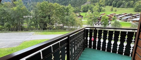 A balcony with a green carpet, a black railing, and a view of a mountainous area with houses.