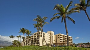 Un hotel de varios pisos, palmeras y un cielo azul despejado.