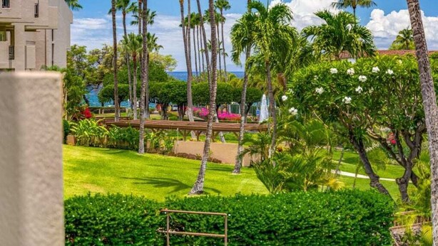 A resort with a well-maintained lawn, palm trees, and a view of the ocean.