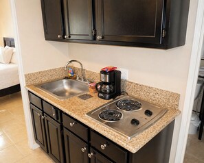 Fridge, microwave, coffee/tea maker, toaster