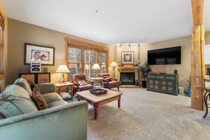 Tv, eldstad, dvd-spelare och böcker