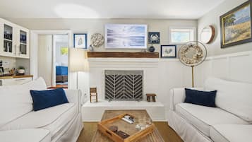 Smart TV, fireplace, ping pong, books